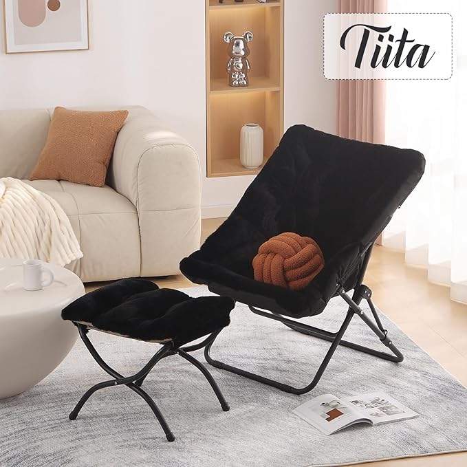 Tiita Folded Chair with Ottoman, Soft Faux Fur Oversized Folding Accent Chair - Image 2