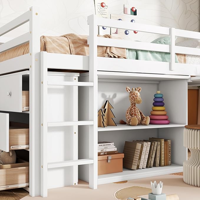 KEIKI Twin Loft Bed with Pull-Out Desk, Drawers & Open Shelves, Wooden Bed - Image 7