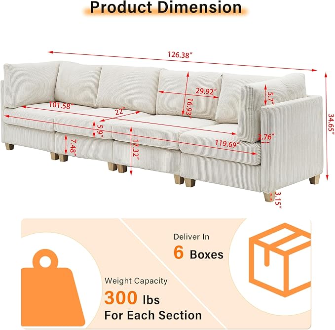 126" Convertible L-Shaped Modular Sectional Sofa, 4 Seater Corduroy Upholstered - Image 2