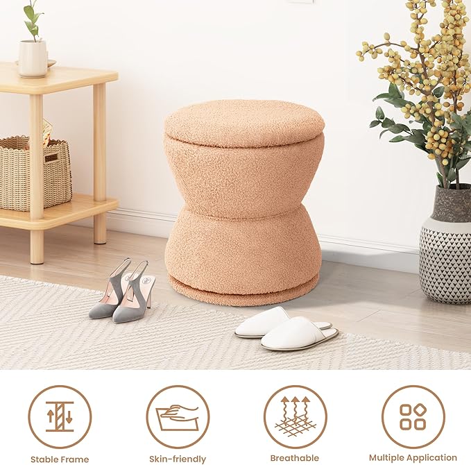 360 ° Swivel Storage Ottoman, Boucle Ottoman Vanity Stool, Upholstered Footstool - Image 4