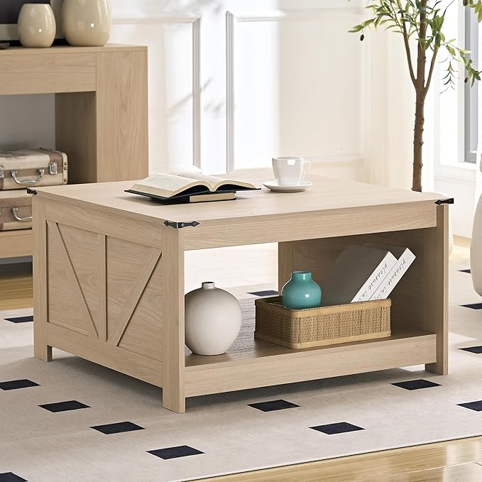 Farmhouse Coffee Table for Living Room, Wood Square Coffee Tables, 31.5" D x by Unknown