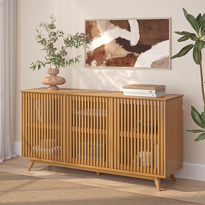 Plank+Beam Mid-Century Modern Wood TV Stand, Three Door Solid Wood by PlankBeam