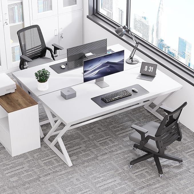 LVB Modern White Computer Desk, Long Industrial Home Office Desk - Image 8