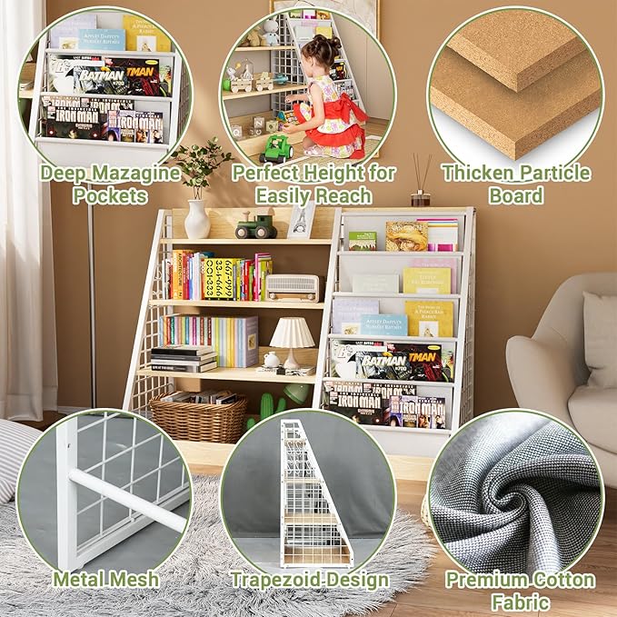 Kids Book Shelf, 4 Tier Wooden Bookshelf, 5 Layer Sling Children Bookcase - Image 2