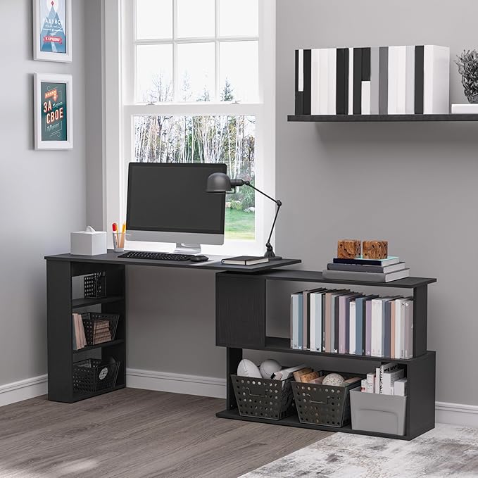 HOMCOM L Shaped Desk, Corner Computer Desk, 360 Degree Rotating Home Office Desk - Image 2