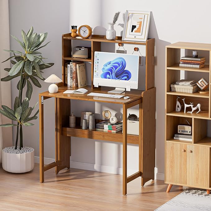 Bamboo Folding Desk with Storage Rack Mid Century Modern Desk - Image 8