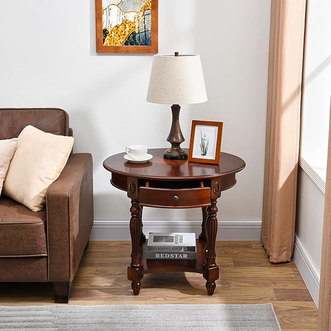 LEEMTORIG Oval Round End Table, 2-Tier Cherry Wood End Table Solid Wood Side - Image 6