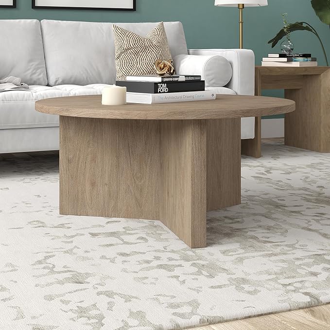 Henn&Hart 36" Round Wood Pedestal Coffee Table - Image 2
