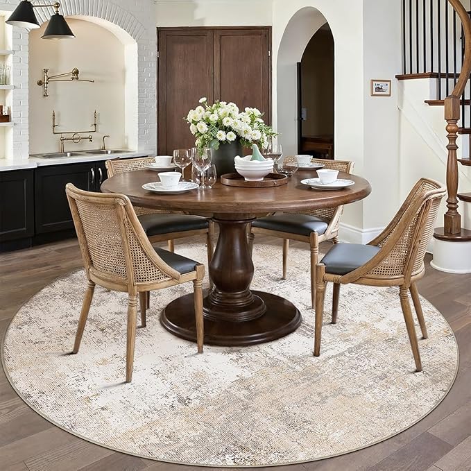8x8 Washable Round Rug Beige Grey Neutral Abstract Living Room Bedroom Large - Image 3