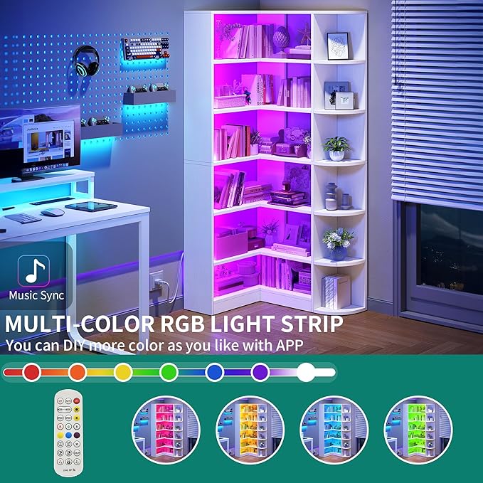 YITAHOME Corner Bookshelf with LED Light, 6 Tier Corner Shelf White Bookshelf - Image 6
