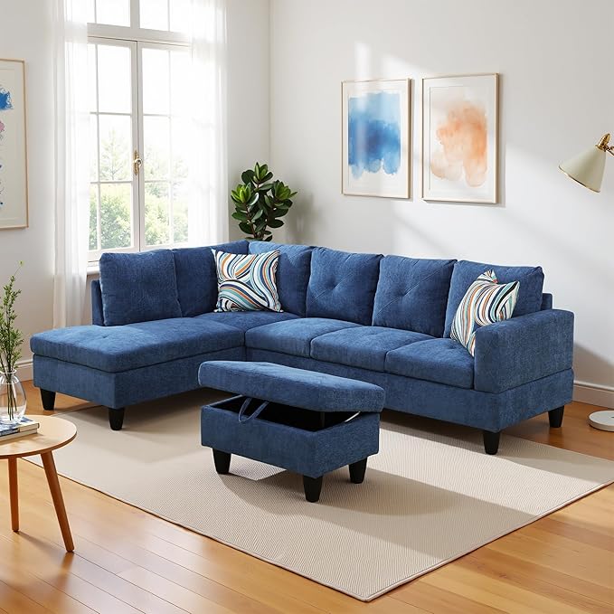 L Shaped Couch Modern Sectional Couch Upholstered Linen Fabric 3 Pieces Sofas - Image 4