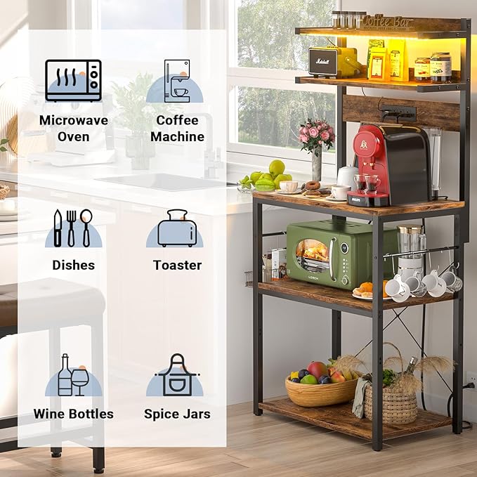 Aheaplus Bakers Rack with Power Outlet, Microwave Stand, 5 Tiers Coffee Bar - Image 7