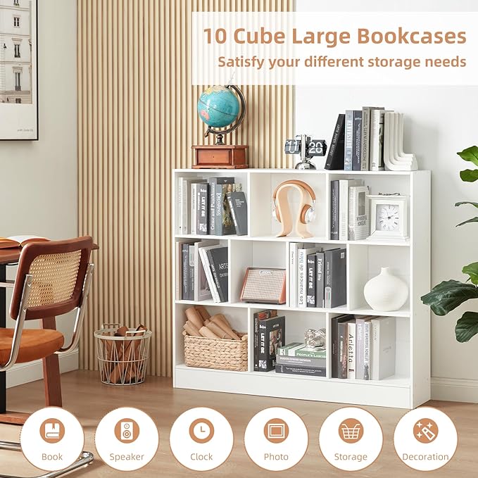 YAHARBO White 10 Cube Bookshelf, 3 Tier Modern Horizontal Bookcase, Wooden Low - Image 3