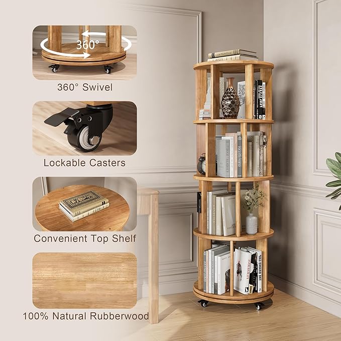 4-Tier Rotating Bookshelf, 360° Spinning Stackable Bookcase, Freestanding - Image 5