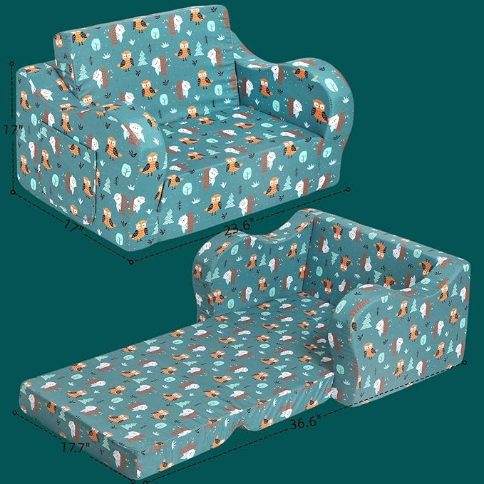 Happy Owl Kids Sofa, 2-in-1 Kids Couch Fold Out, Convertible Sofa to Bed - Image 6