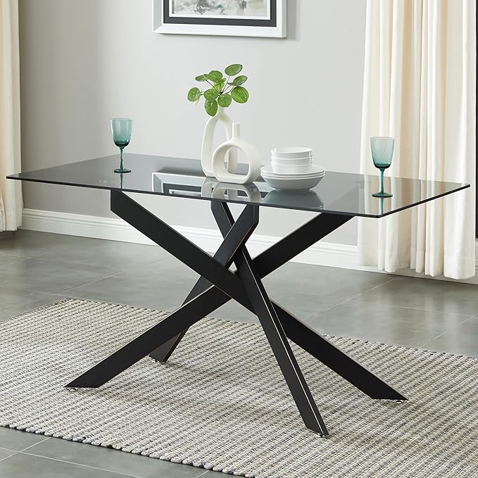 Modern Style Dining Table with Gray Tempered Glass Top and Black Metal Tubular by EdwinsChoice-ModernFurniture