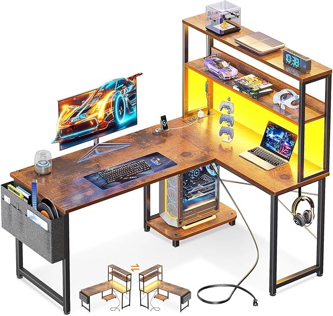 Casaottima Gaming Desk with Power Outlets & LED Lights, 43 Inch Reversible L by Casaottima