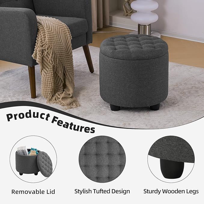 Furniliving 18.7inch Storage Round Ottoman, Footstools - Image 4
