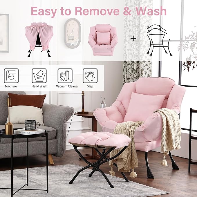 Large Lazy Chair with Ottoman, Accent Reading Chair with a Throw Pillow - Image 5