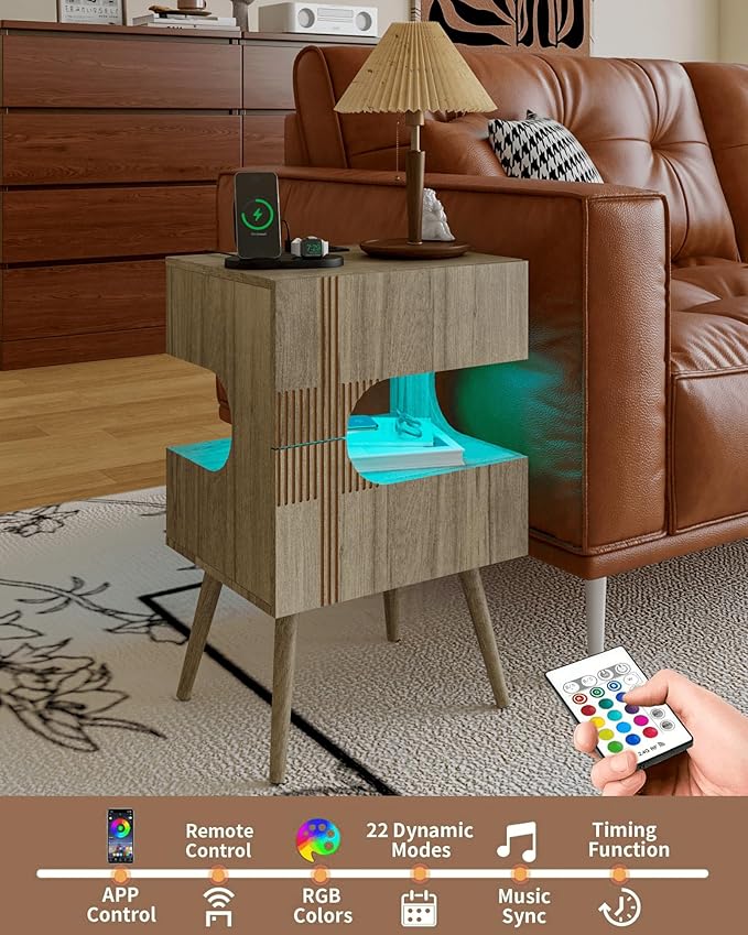 Nightstand with Charging Station and LED Lights, Modern Bedside Table with 2 - Image 4