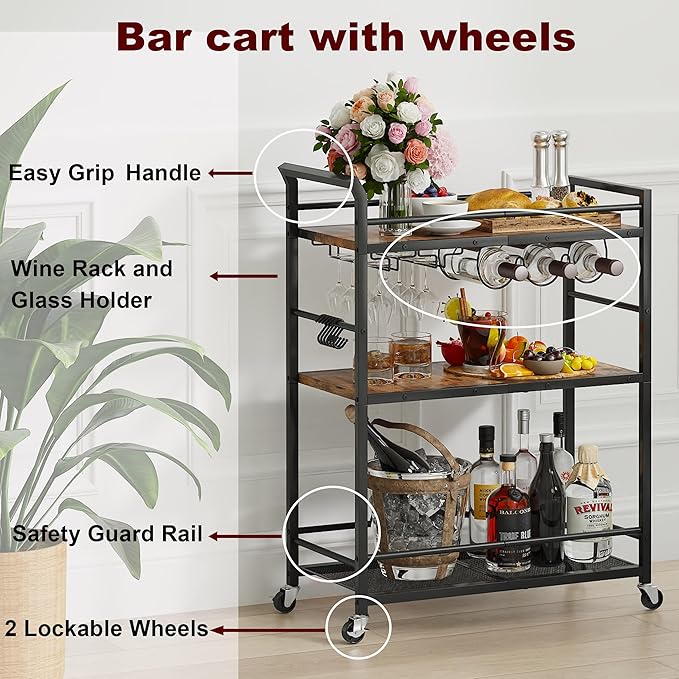 3 Tier Bar Cart, Home Bar Serving Cart - Image 3