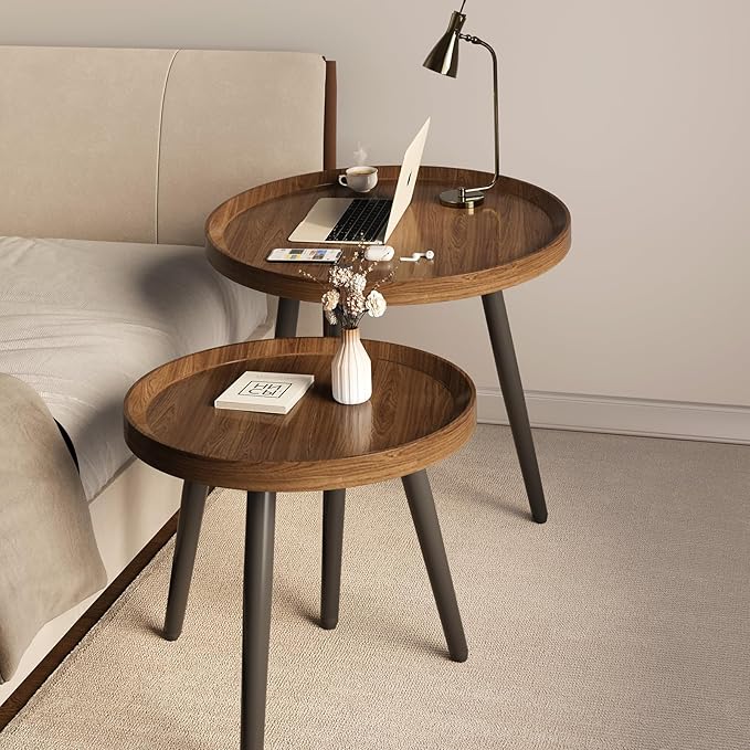 Small Round Coffee Table Set of 2, Walnut Coffee Tables - Image 9