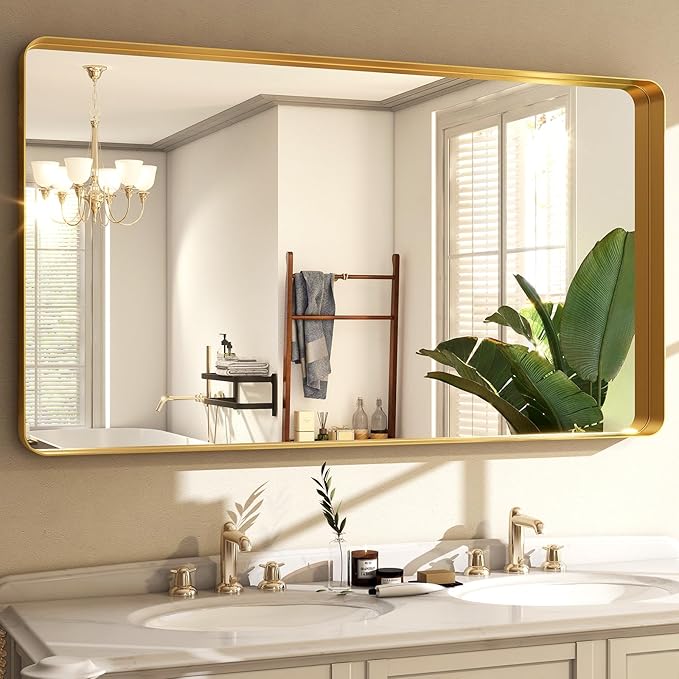 48 x 30 Inch Gold Bathroom Mirror, Rectangular Wall Mounted Shatterproof Mirror - Image 3