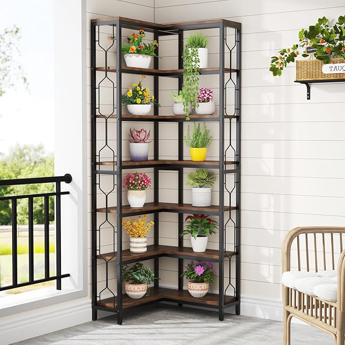 Tribesigns Corner Shelf, 7-Tier Industrial Corner Bookshelf, Wood and Metal - Image 7