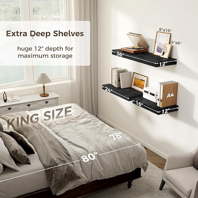 Black Floating Shelves 36 Inch Long, 12 Inch Deep Floating Shelves - Image 8