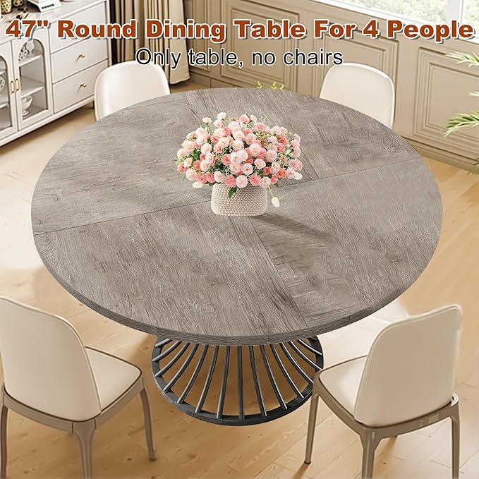 Round Dining Table for 4, 47-Inch Farmhouse Dinner Table Wooden Circle Kitchen - Image 7