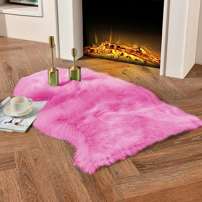 duduta Hot Pink Faux Sheepskin Throw Rug 2x3 ft, Fluffy Shag Girls Bedside Dorm by Duduta