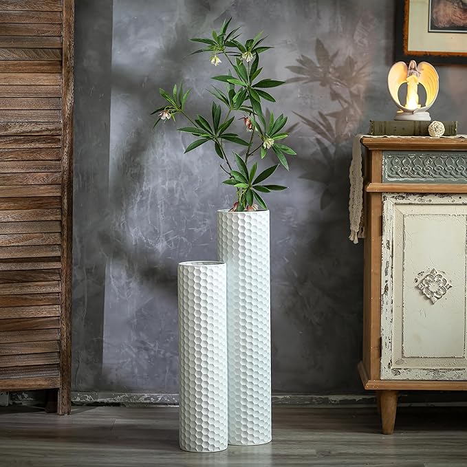 Sziqiqi White Tall Vases for Floor: 27.6/21.7in Metal Cylinder Handmade Flower - Image 2