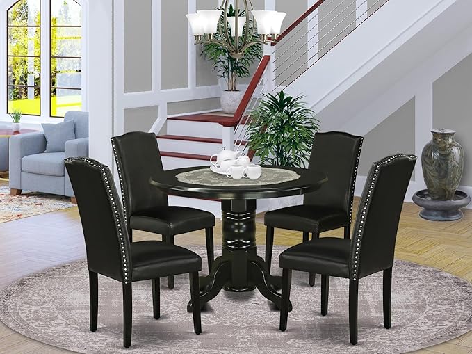 East West Furniture SHEN5-BLK-69 5 Piece Dining Room Table Set Includes a Round - Image 2