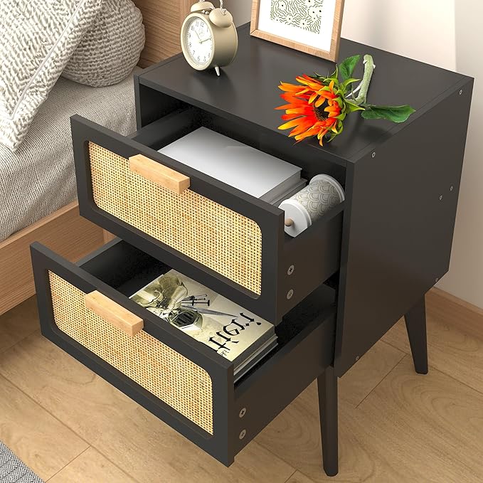 Rattan Nightstand Set of 2, Mid Century Modern Bedside Table - Image 4