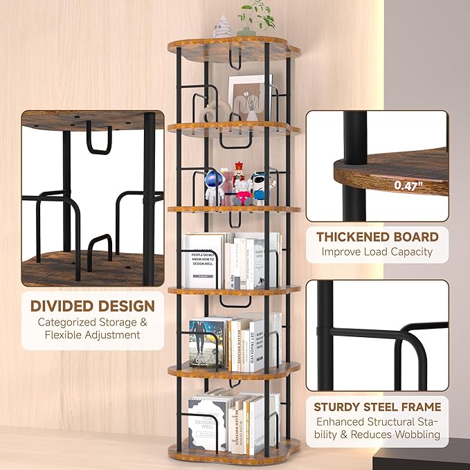 5-Tier Rotating Book Shelf, 360° Display Spinning Bookshelf Tower, Book - Image 4