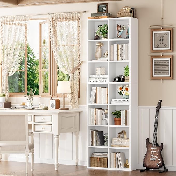 FOTOSOK 71'' White Bookshelf, Double Wide Media Tower Rack CD DVD Rack Display - Image 5