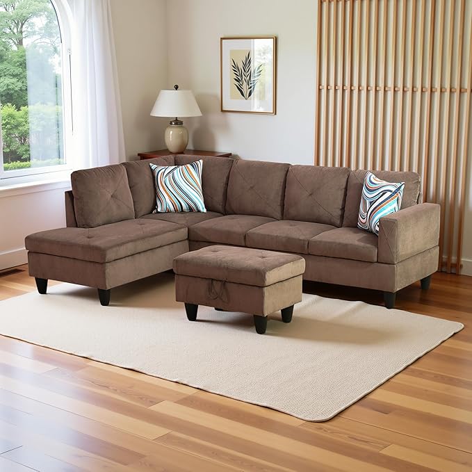 L Shaped Couch Modern Sectional Couch Upholstered Flannel Fabric 3 Pieces Sofas - Image 4