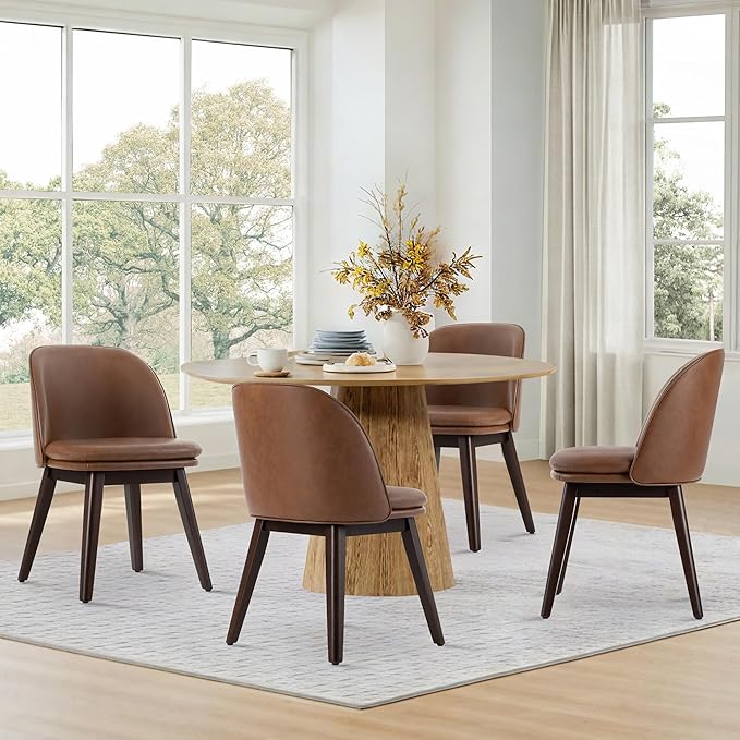 Wooden Dining Chairs Set of 4, Faux Leather Upholstered Modern Dining Room by Kislot