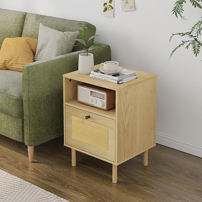 Rattan Nightstand with Storage Boho Modern Farmhouse Bedside Table with Drawer - Image 2