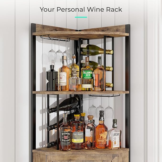 63” Corner Bar Cabinet with Wine Rack, 5-Tier Farmhouse Liquor Cabinet with - Image 4