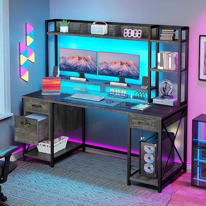 DWVO Computer Desk with Drawers & Hutch, 59.1" Office Desk with Power Outlets & - Image 3