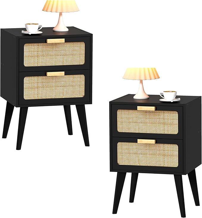Rattan Nightstand Set of 2, Mid Century Modern Bedside Table by YAUKOMEL