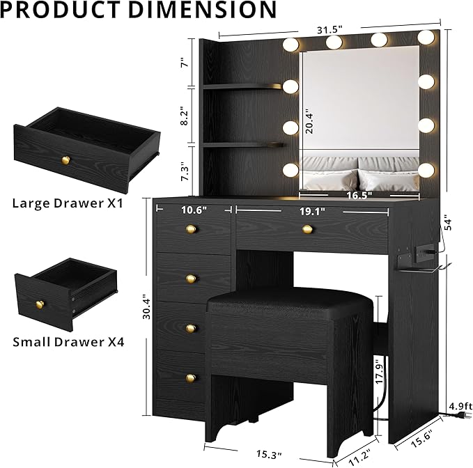 IRONCK Vanity Desk with Mirror and Lights, Small Makeup Vanity Table with 5 - Image 2