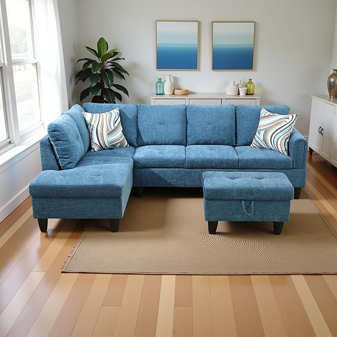 L Shaped Couch Modern Sectional Couch Upholstered Flannel Fabric 3 Pieces Sofas by LynginsCreativeLife