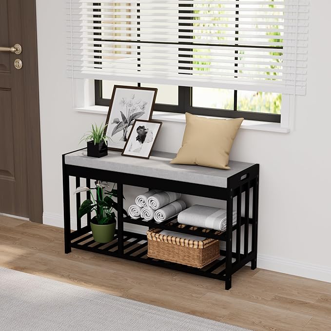 3-Tier Bamboo Shoe Rack Bench, Shoe Storage Organizer Bench, Entryway Benchs - Image 5