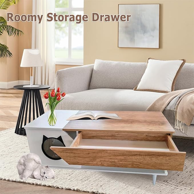 GAOMON White Coffee Table 45'' Cat Living Room Tables - Image 3