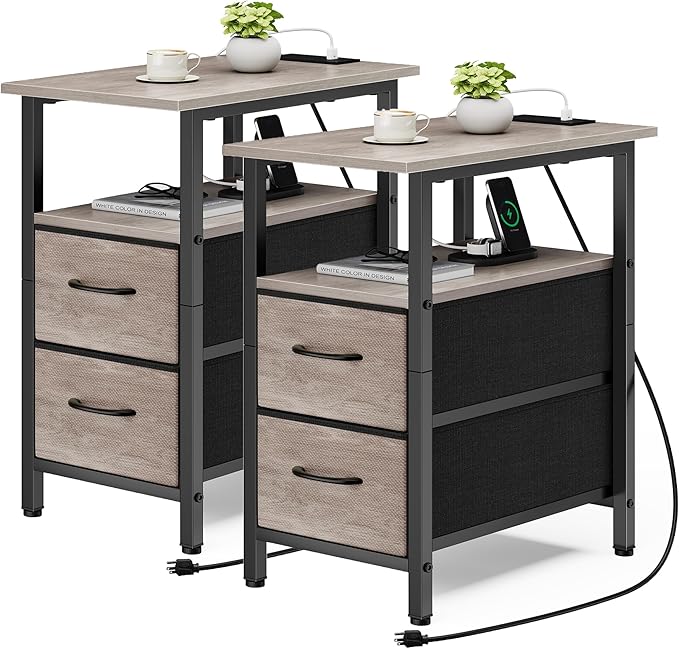Vagusicc End Table with Charging Station Set of 2, Narrow Side Table, 23.8'' by Vagusicc