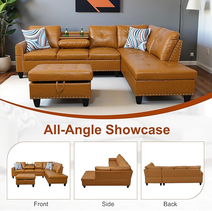 Osparple L Shaped Couch PU Leather Sectional Couch Upholstered 3 Pieces Sofas - Image 6