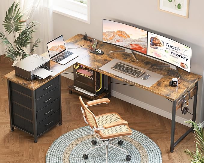 AODK L Shaped Desk with 4 Tier Drawers, L Shaped Computer Table with USB - Image 8