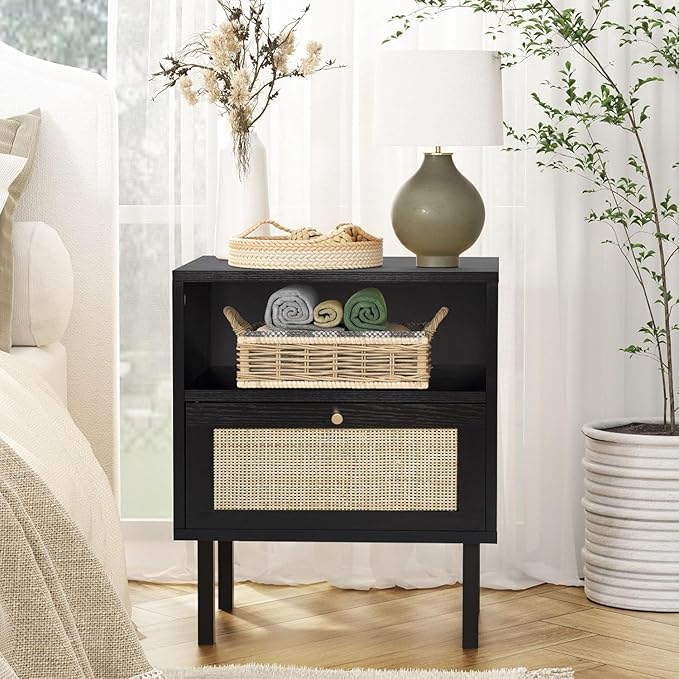 Rattan Night Stand Set 2, Boho Bedside Table Black Nightstand - Image 7